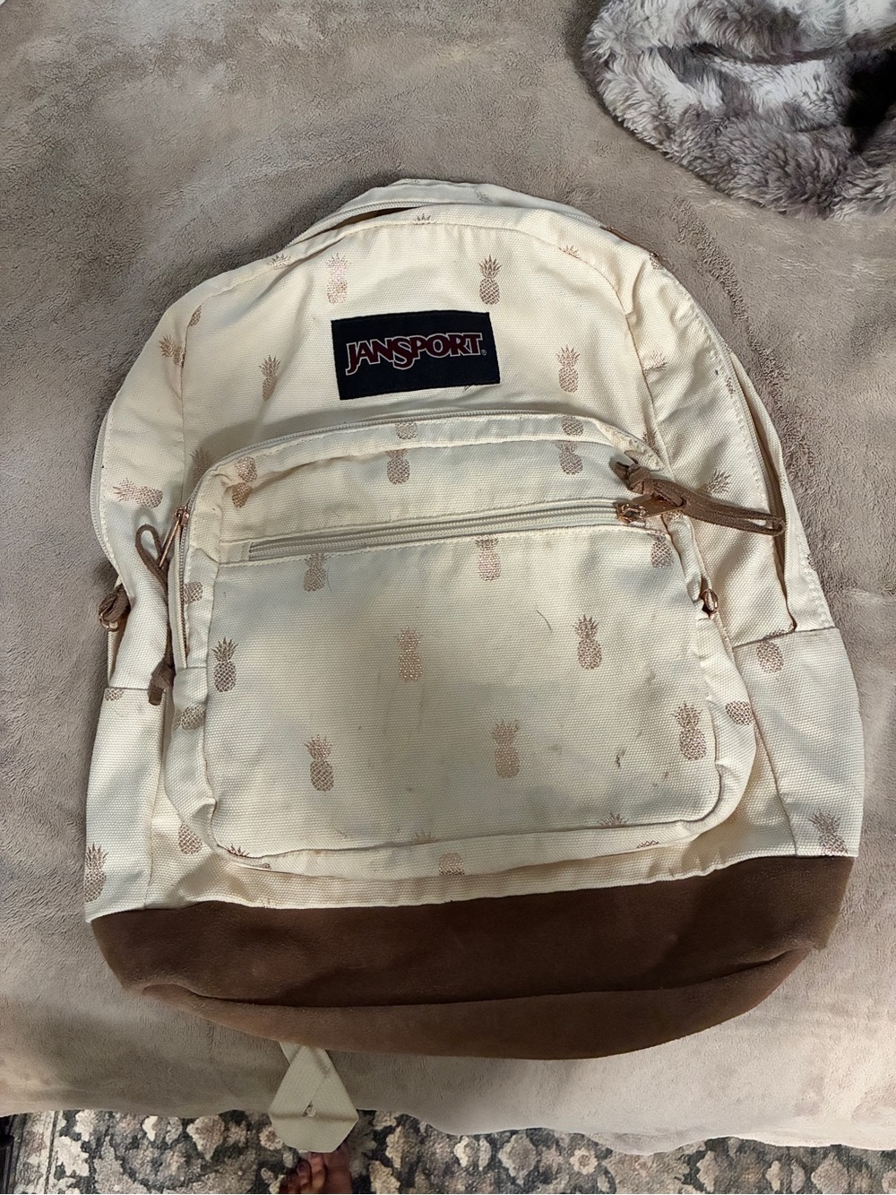 Jansport Cream Pineapple Print Backpack with Brown Suede Base